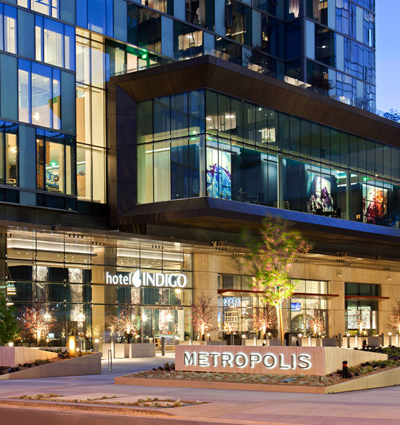 General view of the hotel facade at night