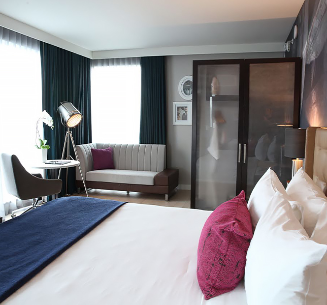 Internal view of a room with a large confortable bed 